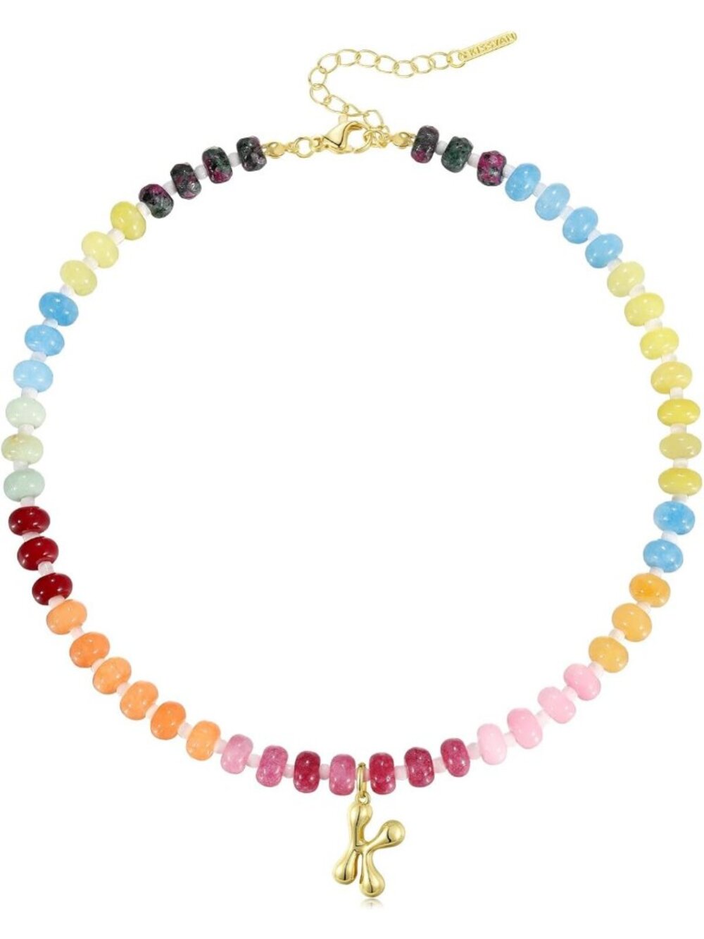 Colorful Beaded Gemstone Choker Necklace, 14K Gold Initial Pendant, Handmade